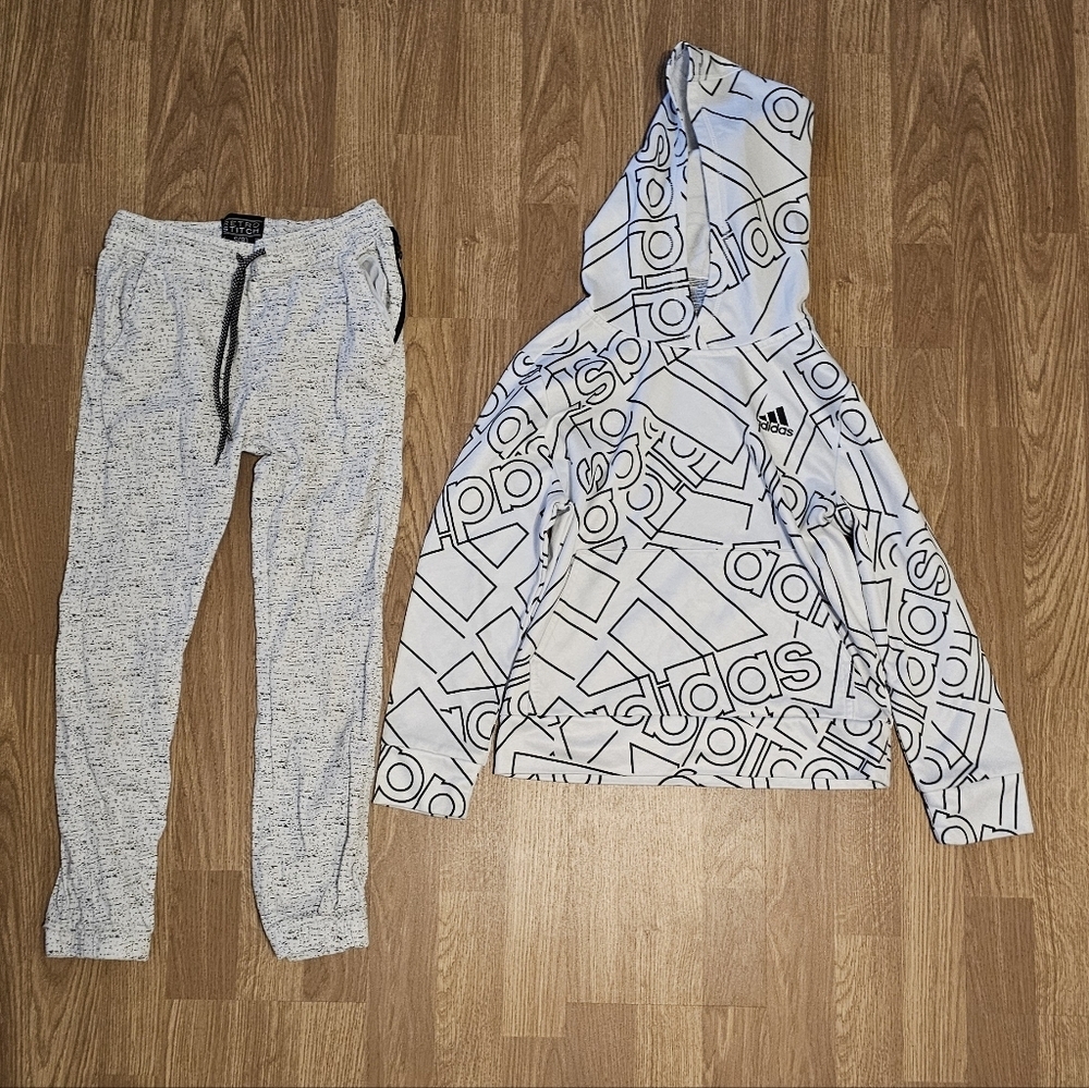 Adidas White and Black Hoodie with Retro Stitch Gray Joggers